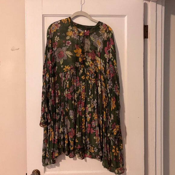 Free People "Everything and More" Green 2 piece floral shift dress/tunic L - Picture 6 of 9